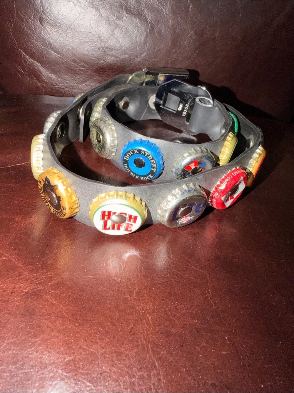 Women’s Black Leather Belt with Multicolor Beer Bottle Cap Embellishments
